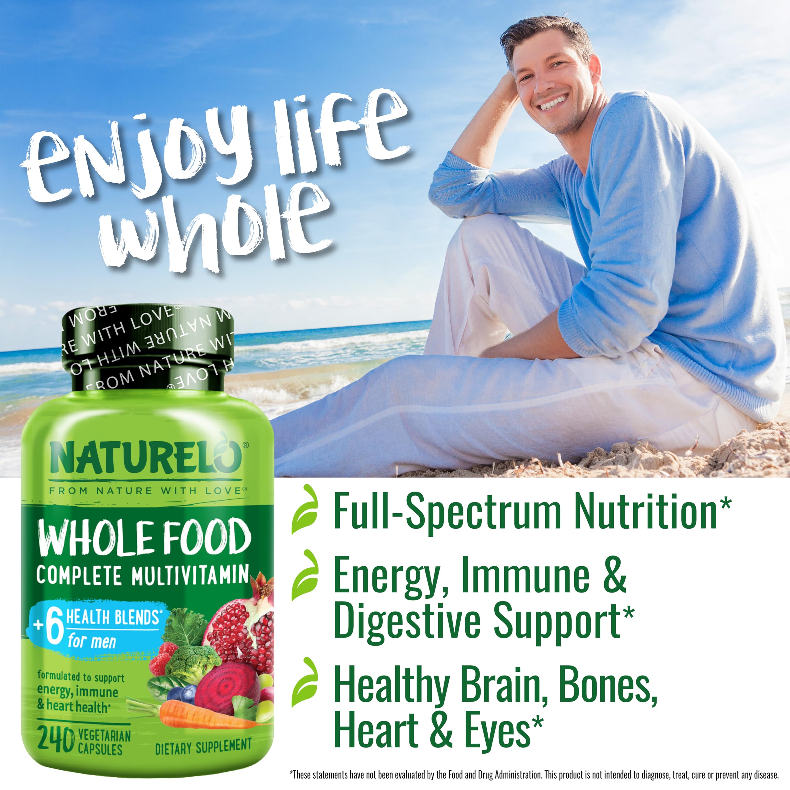 NATURELO Mens Multivitamins - Whole Food Multivitamin for Men with Vitamins, Minerals - 240 Vegetarian Capsules for Energy, Brain, Heart, Eye Health*