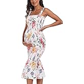 Summer Tank Maternity Dress Sleeveless Strappy Floral Midi Bodycon Square Neck Ruffle Mermaid Smocked Dress for Baby Shower