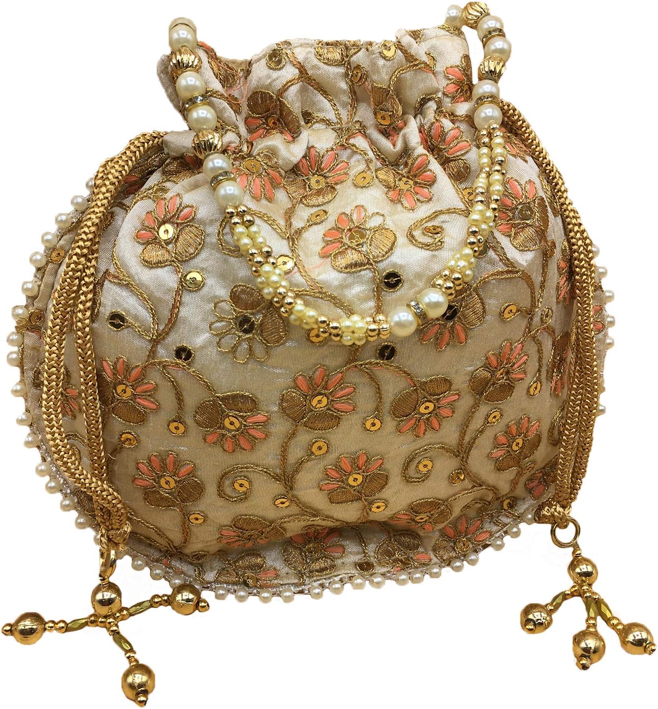 Women's Embroidered Satin Silk Golden Potli Bag Pearl Handle with Drawstring Closure and Tassels - 9 x 9 inch