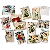 Retro Friends Antique Christmas Post Cards on Luxury Antique Textured Cardstock - 24 Vintage Christmas Postcards - 12 Assorted Holiday Illustration Cards