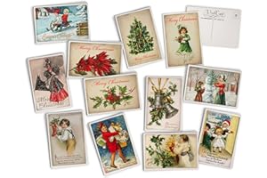 HILL VALLEY GREETINGS Retro Friends Antique Christmas Post Cards - 24 Vintage Christmas Postcards - 12 Assorted Holiday Illustration Cards Printed on Vintage Textured Style Cardstock