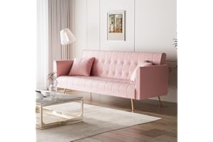 OUYESSIR Velvet Futon Sofa Bed with 2 Pillows, Convertible Futon Couch, Sturdy Sleeper Sofa in 71 inch, Small Futon Sofas (Pink)