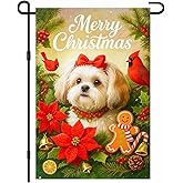 IVN Christmas Garden Flag 12x18 Inch Double Sided Shih Tzu Dog with Poinsettia Flowers Red Birds and Gingerbread Man Christmas Outdoor Yard Flag for Outside Home Front Door Lawn Porch Patio Welcome Decor