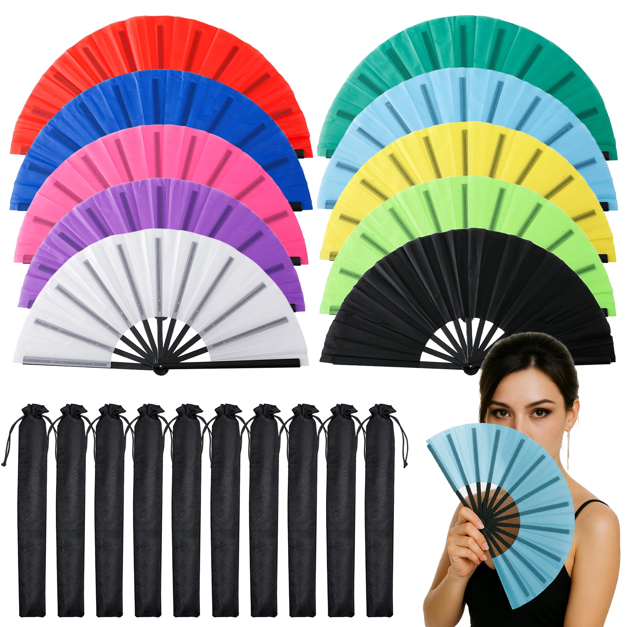 Photo 1 of 10 Pcs Large Chinese Folding Fans Line Dance Popping Fans Silk Hand Clack Sensus Kung Fu Tai Chi Handheld Sensus for Men Women Festival Line Dancing or Home Decorations Wedding with Fan Holder Sleeves