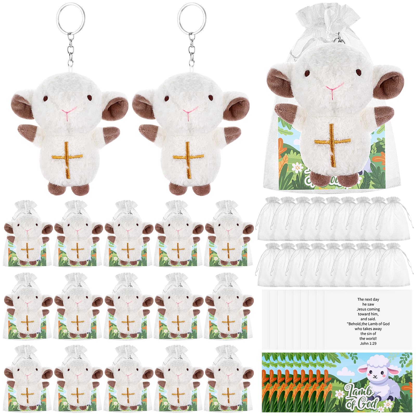 Photo 1 of 18 Set Mini Plush Lamb of God Keychains Christian Stuffed Lamb for First Communion Christening Gift Religious Sheep Plush Keyring With Cards and Organza Bags