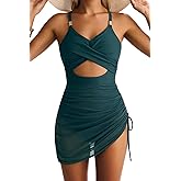 EVOCRCO Women's Mesh One Piece Swimdress V Neck Cutout Swim Dresses Bathing Suit Wrap Sarong Swimwear