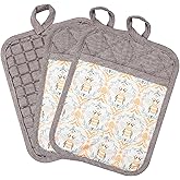 Pot Holders Set of 3 Silicone Printing Non Slip Heat Resistant, Yarm-Dyed Hot Pads Cotton Home Kitchen Cooking Barbecue Microwave Women Men Machine Washable BBQ Grilling. (Khaki Potholdes)