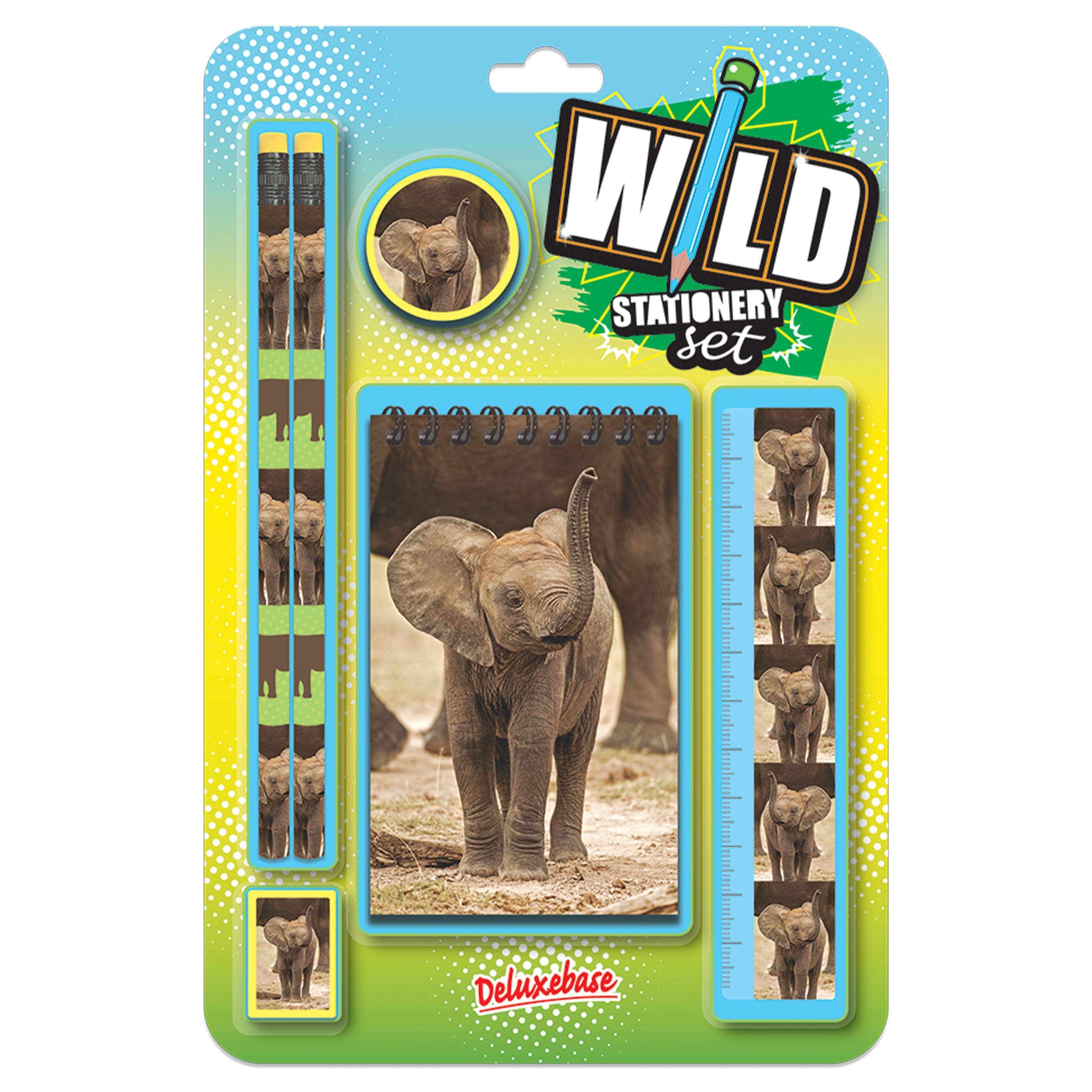 Deluxebase Wild Stationery Set – Baby Elephant, 6 Piece School Supplies Set including Notebook, 2 Pencils, Ruler, Pencil Eraser and Sharpener, Fun Animal Stationery Gifts for Kids and Students. — image 1