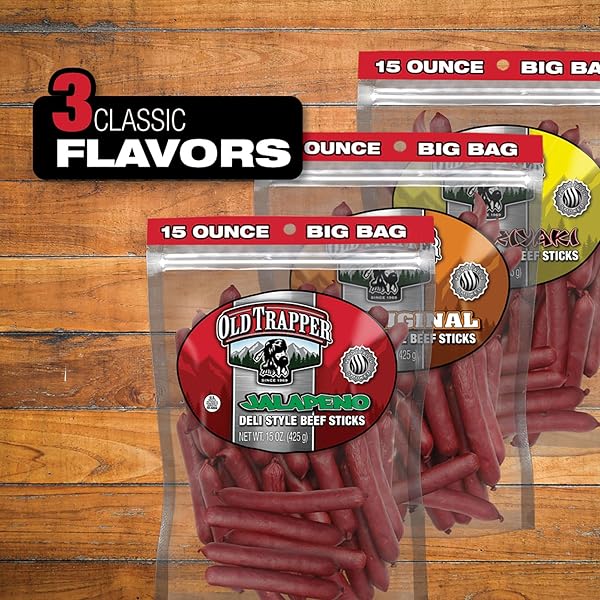 OLD TRAPPER DELI-STYLE BEEF STICKS, JALAPEÑO FLAVOR, 15-OUNCE PACKAGE, SPICY BEEF STICKS, SIX GRAMS OF PROTEIN AND ZERO GRAMS OF SUGAR PER SERVING (PACK OF ONE)