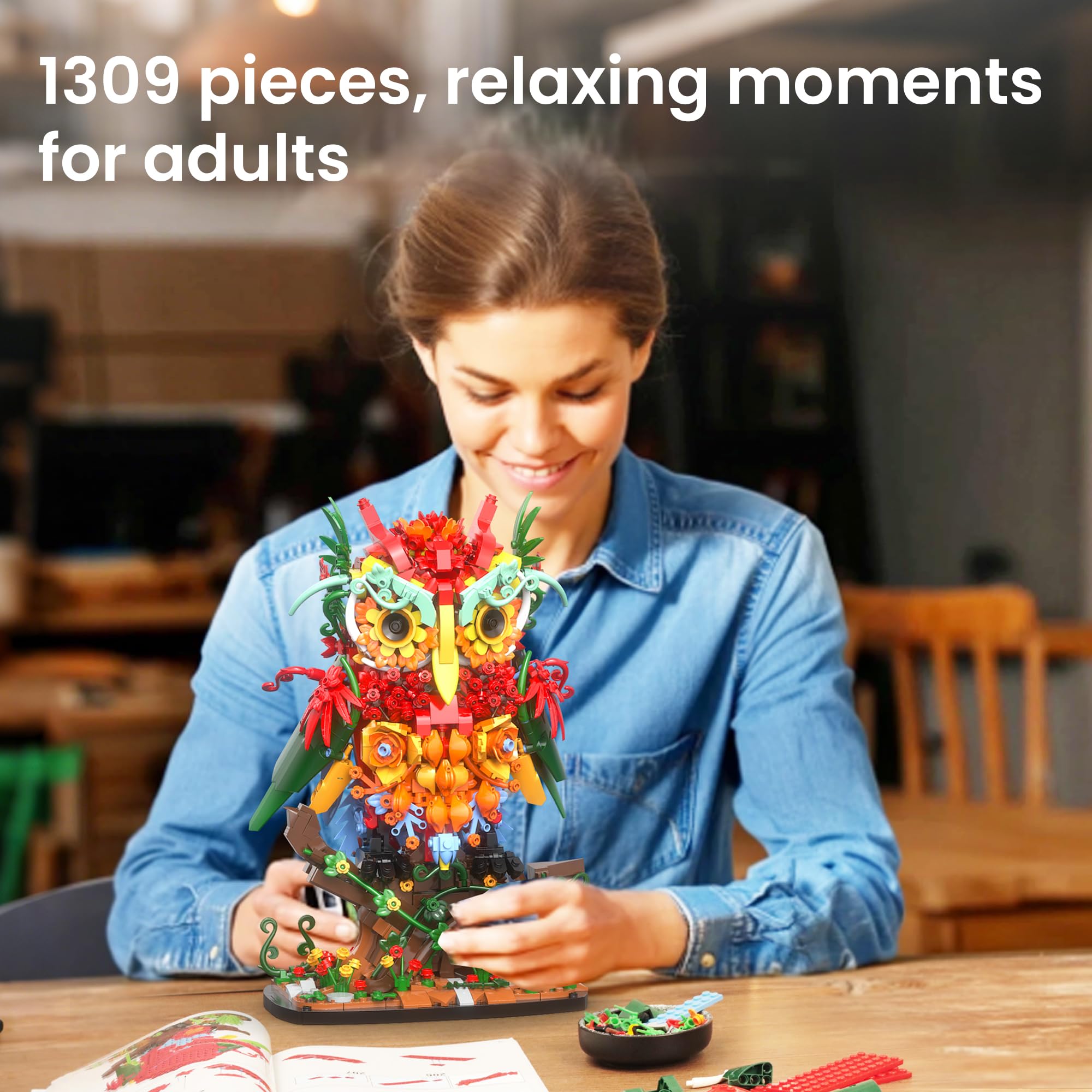 Sillbird Eulen Bauspielzeug Blumen von Botanicals Dekorative Sets für Erwachsene-Kreative Weihnachts- und Geburtstagsgeschenke (1309 Stücke-Orange) 6