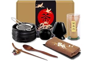 Artcome 10Pcs Japanese Matcha Tea Set, Matcha Bowl, Matcha Whisk, Whisk Holder, Traditional Scoop, Tea Spoon, Tea Cloth, Bamboo Holder, Scoop Holder, Matcha Powder Caddy, Matcha Powder Strainer(Black)