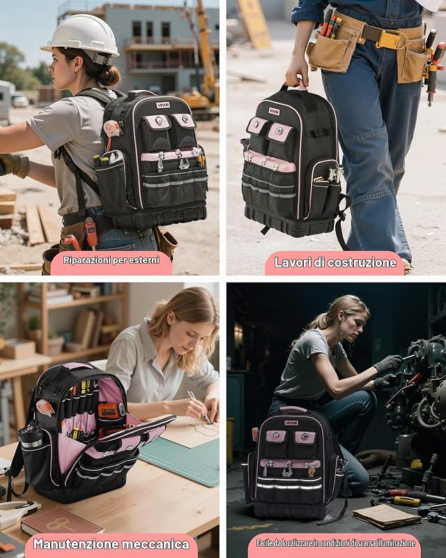 Zaino Portautensili, 56 Tasche, Organizzatore per Attrezzi Pesanti, Zaino da Lavoro con Scomparto per Laptop e Base Sagomata, Borsa da Cantiere per Elettricisti, Riparatori e Tecnici HVAC
