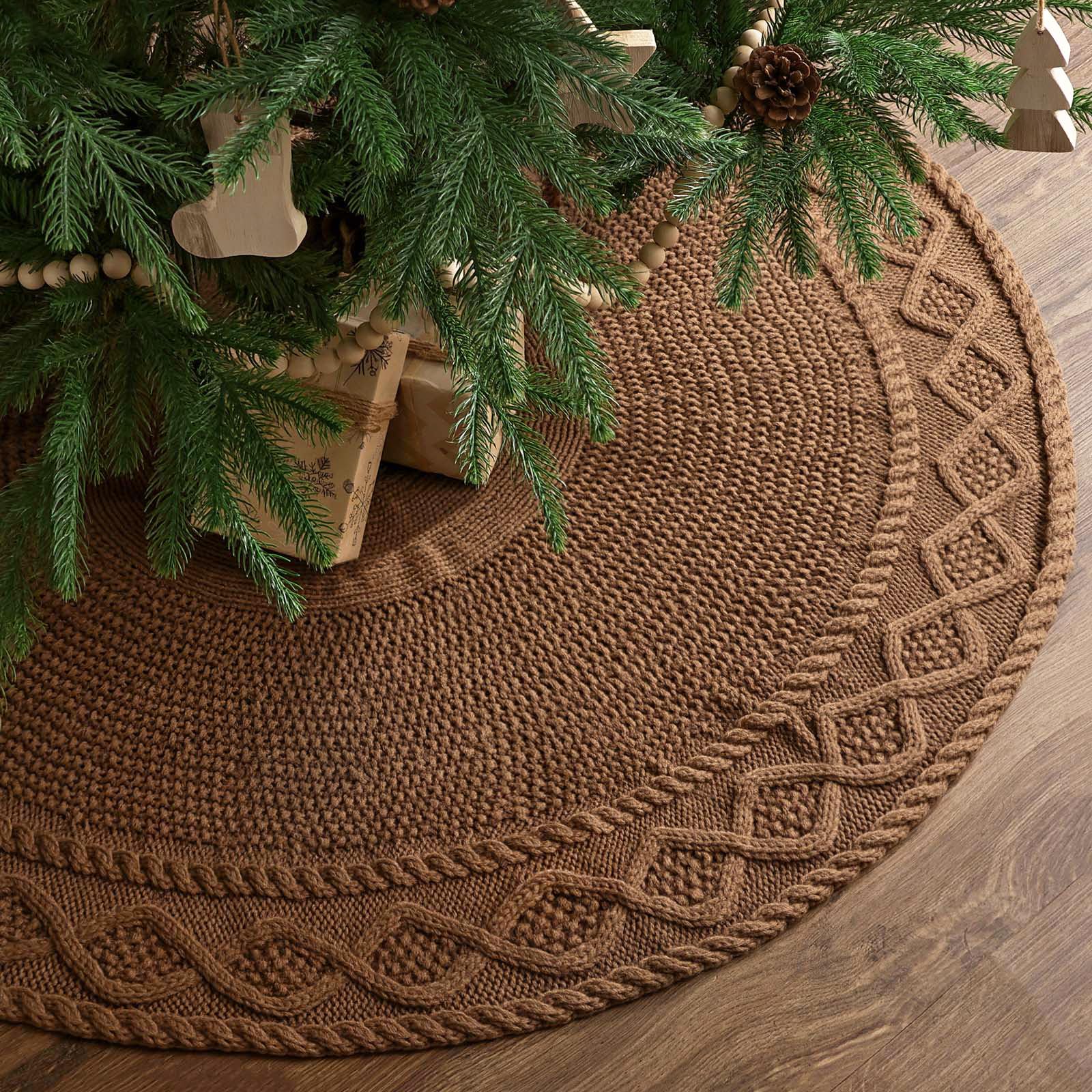 Photo 1 of 48 inch Christmas Tree Skirt: Diamond Edge Knit Tree Skirt for 7.5ft Tree, Western Brown Tree Skirt, Vintage Tree Skirts, Rustic Farmhouse Christmas Decorations