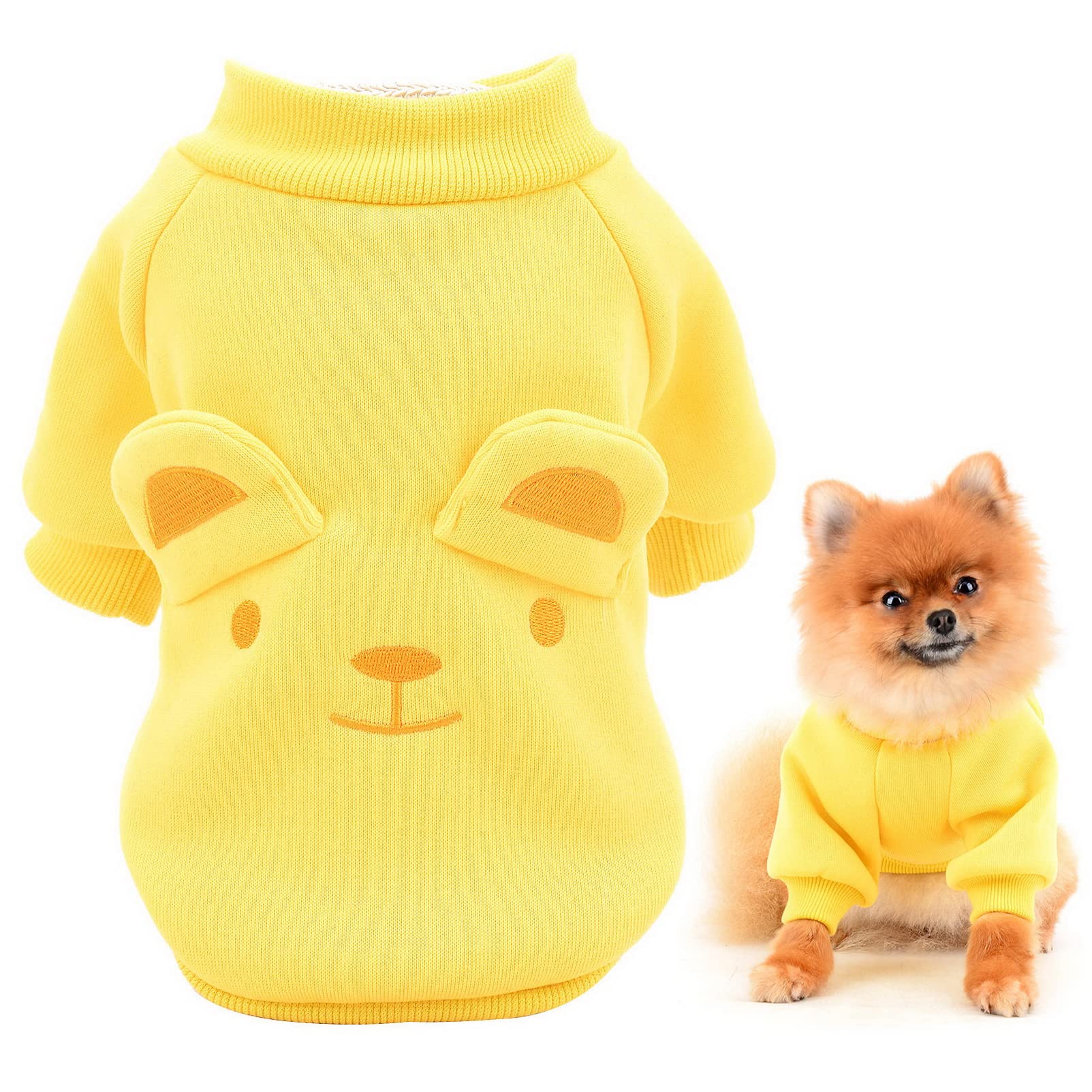 SMALLLEE_LUCKY_STORE Puppy Fleece Sweatshirt Pullover Jumper Sweater Cute Bear with Ears for Small Medium Dogs Cat Boy Girl Yorkie Chihuahua Kitten Warm Autumn Winter Clothes,Yellow,XL