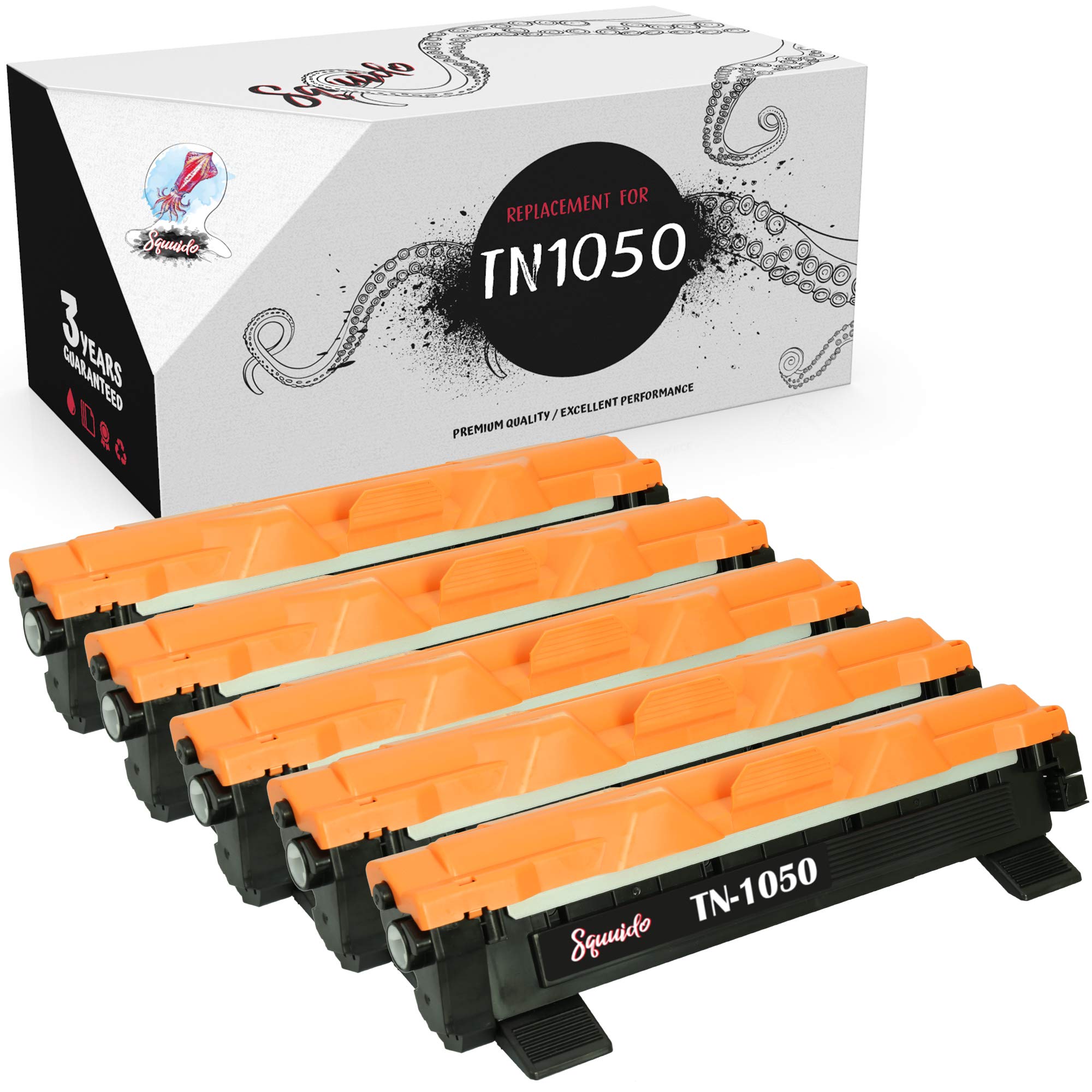 Squuido 5 toner cartridges TN1050 TN 1050 compatible with Brother MFC-1810 MFC-1910W HL-1110 HL-1112 DCP-1510 DCP-1512 DCP-1610W DCP-1612W HL-1210W HL-1212W | High Yield 1000 pages