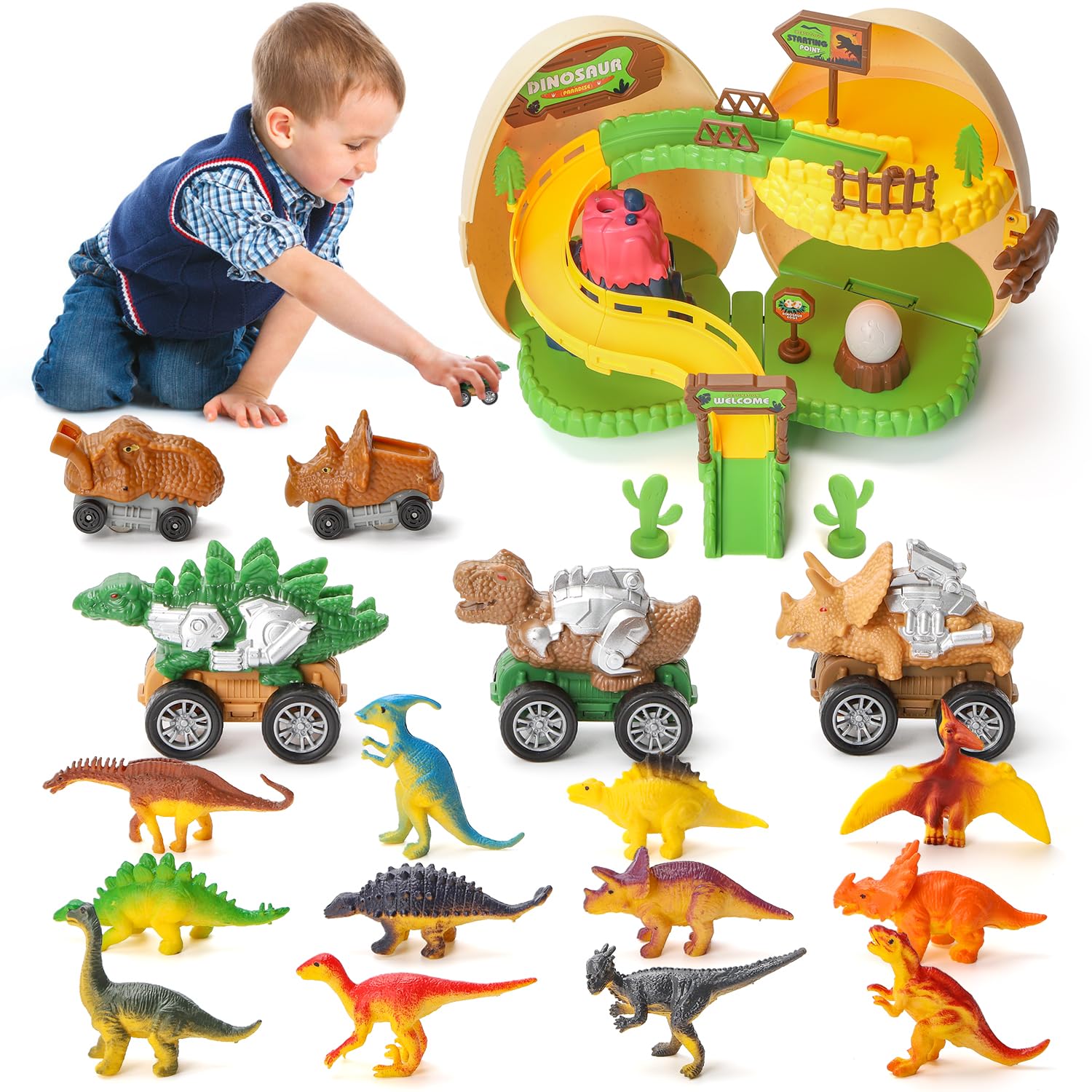 Photo 1 of Dinosaur Toys for Kids 3-5, Interactive Set of Dino Toys, Dinosaur Toys for Boys Girls, Dino Egg Amusement Park with Dinosaur Figure Toys Dinosaur Cars, Toddler Toys for Birthday Gifts