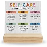 FUGWN Mental Health Desk Decor, Inspirational Self Care Daily Check in Wood Desk Sign, Therapy Office Shelf Decor, Motivational Wooden Plaque with Wood Stand for Home Counseling Office Table