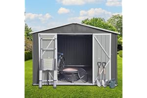 Zevemomo 10X8 FT Outdoor Storage Shed, All Weather Metal Sheds with Metal Foundation & Lockable Doors, Tool Shed for Garden, Patio, Backyard, Lawn, Grey