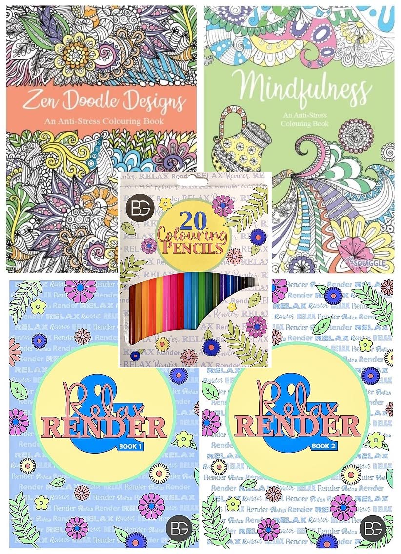 BG Adult Colouring Books, Relax & Render, Zen Doodle & Mindfulness - Set of 4 + 20 Colouring Pencils