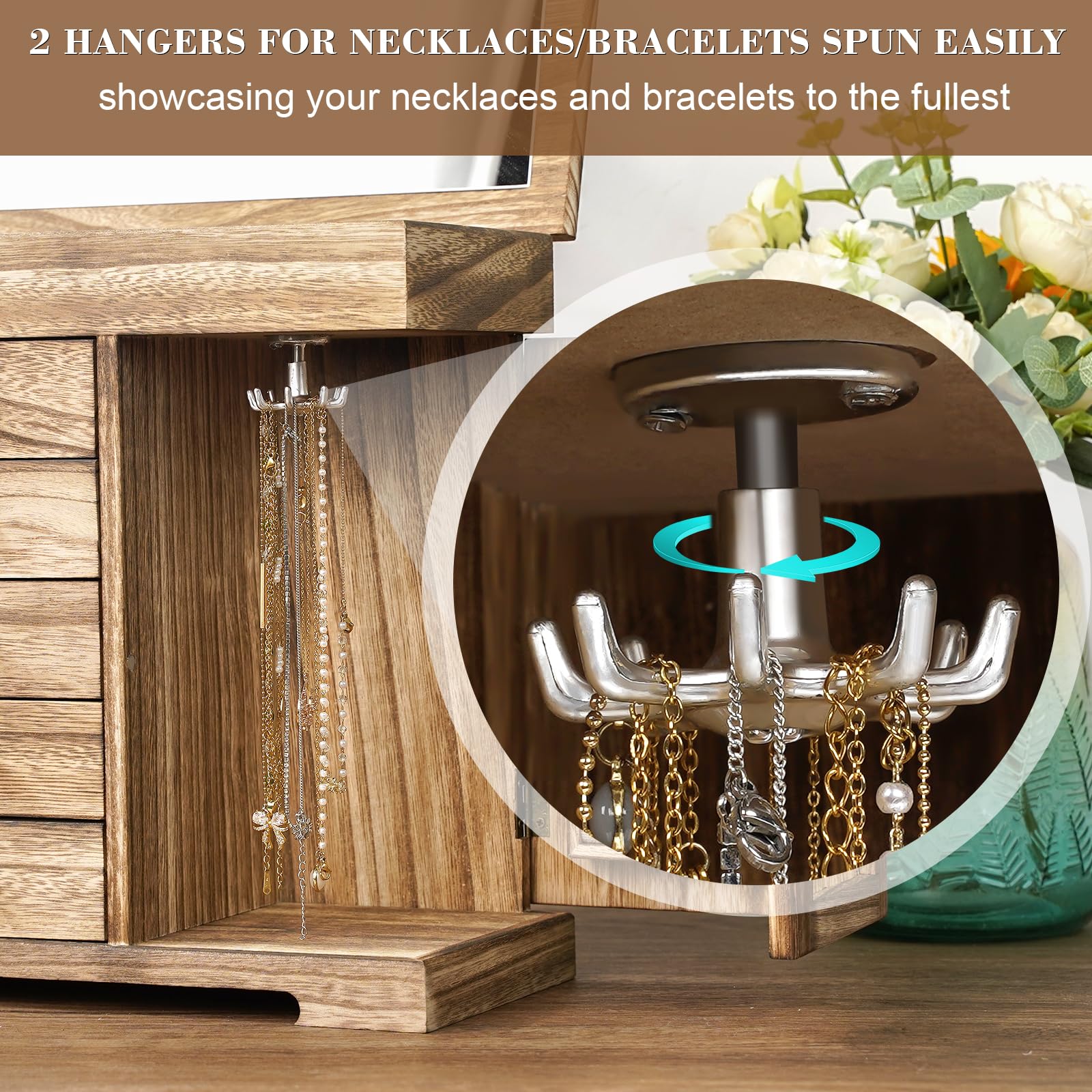Miratino Jewelry Box for Women Girls, Rustic Wooden Jewelry Organizer Box with Mirror, 5 Layer Jewelry Storage Case Display for Necklaces Earrings Rings Bracelets Valentine's Day Gifts
