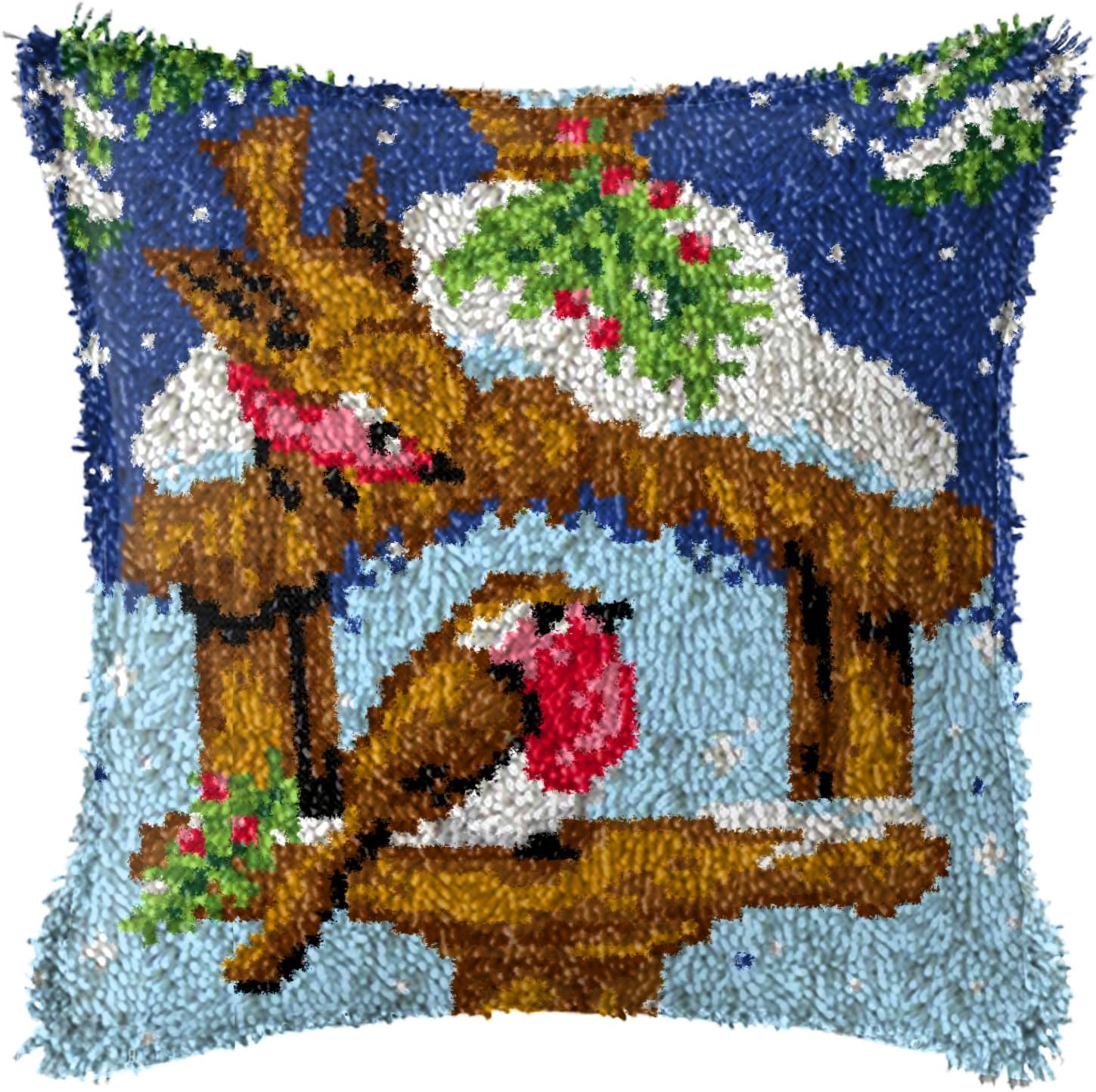 Latch Hook Complete Cushion Cover Kit"Winter Robins Feeding"43x43cm