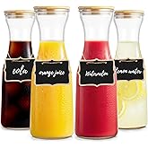 Glass Carafe with Bamboo Lid,35 Oz Beverage Dispensers Carafe,Mimosa Bar Supplies,Clear Glass Pitcher with Name Labels for Iced Tea,Coffee,Juice(Set of 4)