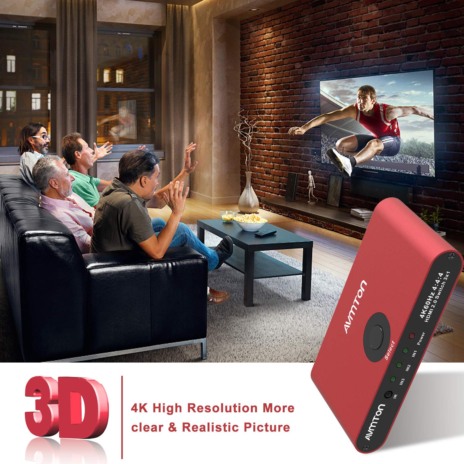 AVMTON 4K HDMI 2.0 Switch 3 Port,HDMI Switcher Splitter 3 in 1 Out,Aluminum Red HDMI Selector Box with Remote Supports 4K@60Hz Ultra HD3D 2160P 1080P for DVD,PS3/4 TV/X Box Fire Stick Blu-Ray Player: Industrial & Scientific