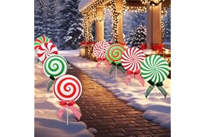 PHYLENCE 8 Pieces Christmas Decorations Outdoor Yard Garden Porch Sign - Large Corrugated Peppermint Lollipop Candy Design Signs with Stakes and Bows for Outside Winter Holiday Xmas Patio Pathway Lawn Decor