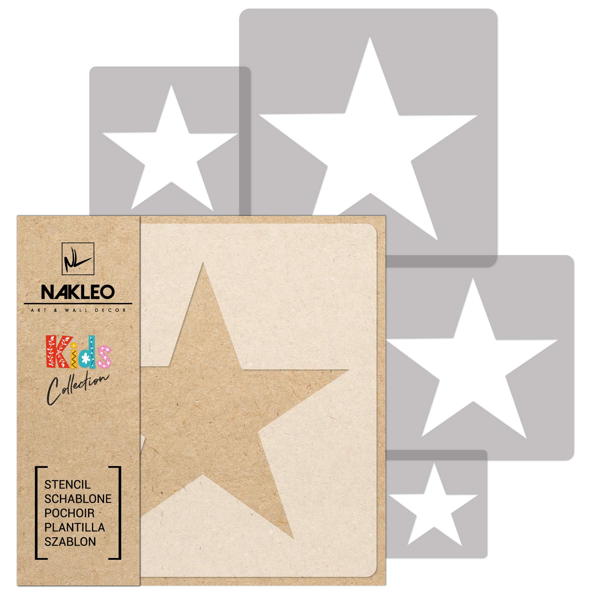 NAKLEO Painting Stencils Set for Nursery Room, 5 Pcs Templates 9x9 to 34x34cm Star, Plastic and Reusable Drawing Stencils, Decor, Craft DIY Wall Furniture