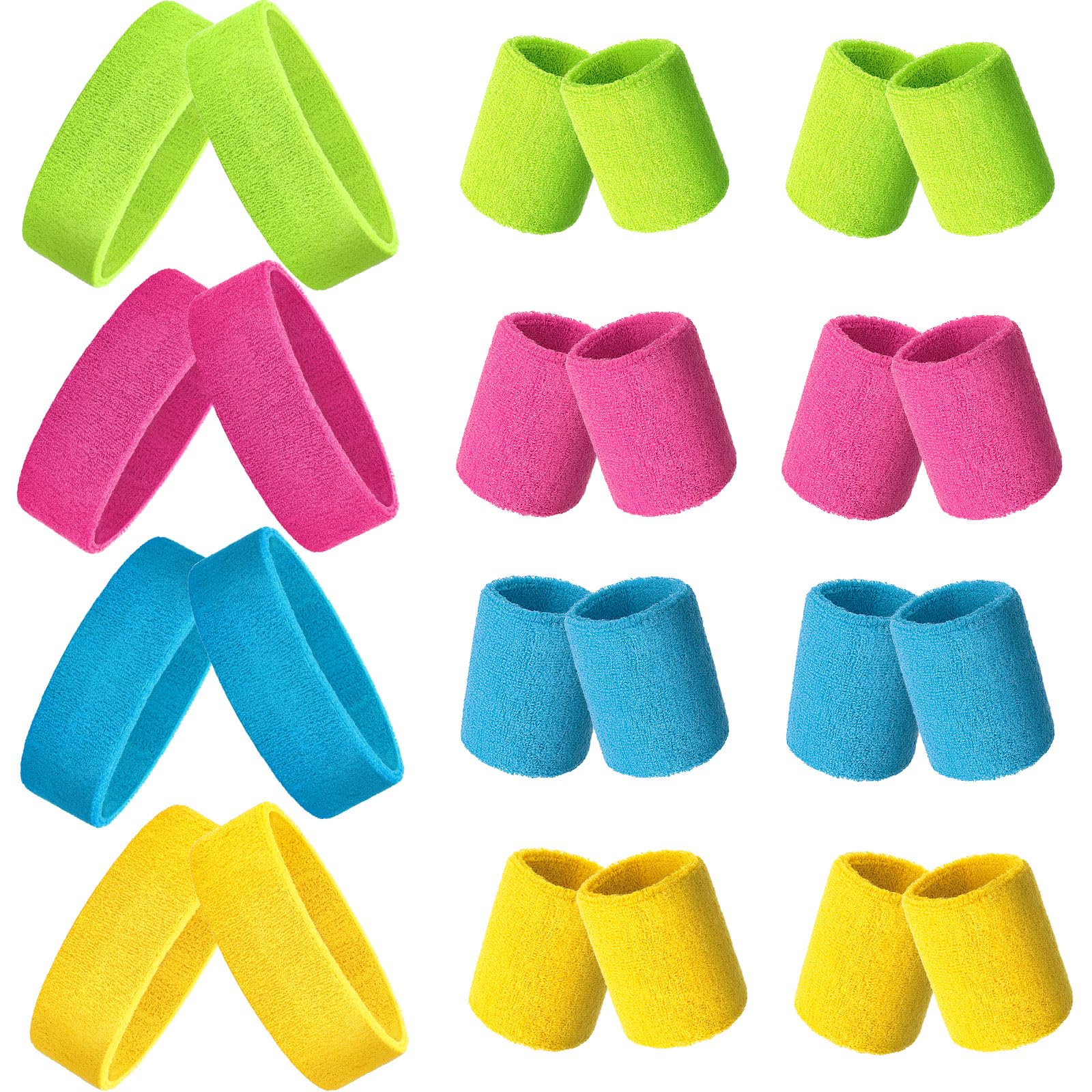 24 Pieces 80s Neon Sweatbands Set, Include 8 Sports Headbands and 16 Sweat Wristbands Elastic Athletic Sweat Bands Bulk for Man Woman 80s Party (Rose Red, Sky Blue, Fluorescent Yellow, Yellow)