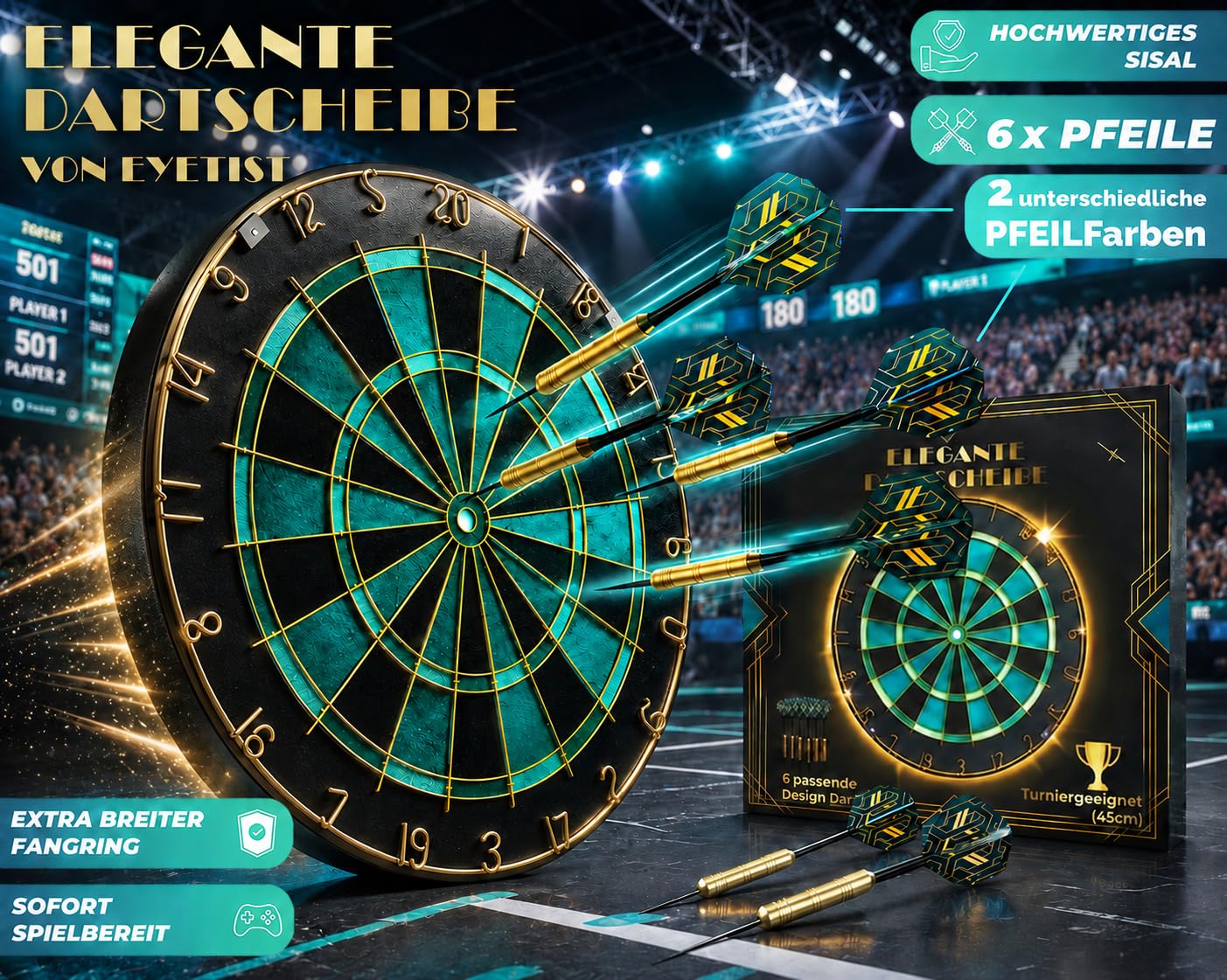 Dartscheibe Dartboard Sisal Professionell Türkis mit Goldener Zahlenring & Pfeilen - Profi Steeldartscheibe - Dart Scheibe Target mit 6 Dartpfeilen Metallspitze golddart Flight Barrels shafts schäfte 2