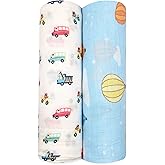 Stellar Kiddos Muslin Swaddle Blankets, Soft Breathable Cozy Baby Blankets for Newborn Boys and Girls, 47” X 47“, 2 Pack Receiving Swaddles, 70% Viscose from Bamboo 30% Cotton (Little Explorers)