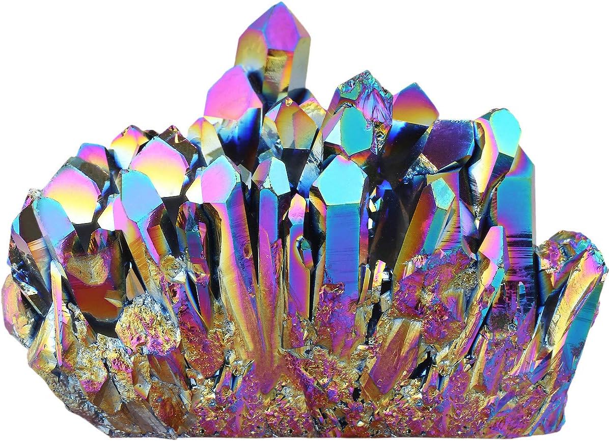 Indoor Fountains & Accessories - mookaitedecor Titanium Coated Natural Rock Crystal Cluster Geode Stone Specimen, Rainbow