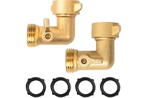 Xiny Tool 90 Degree Garden Hose Adapter with Shut Off Valves, 3/4" Solid Brass Garden Hose Elbow Connector with 4 Extra Pressure Washers, 2 Pack