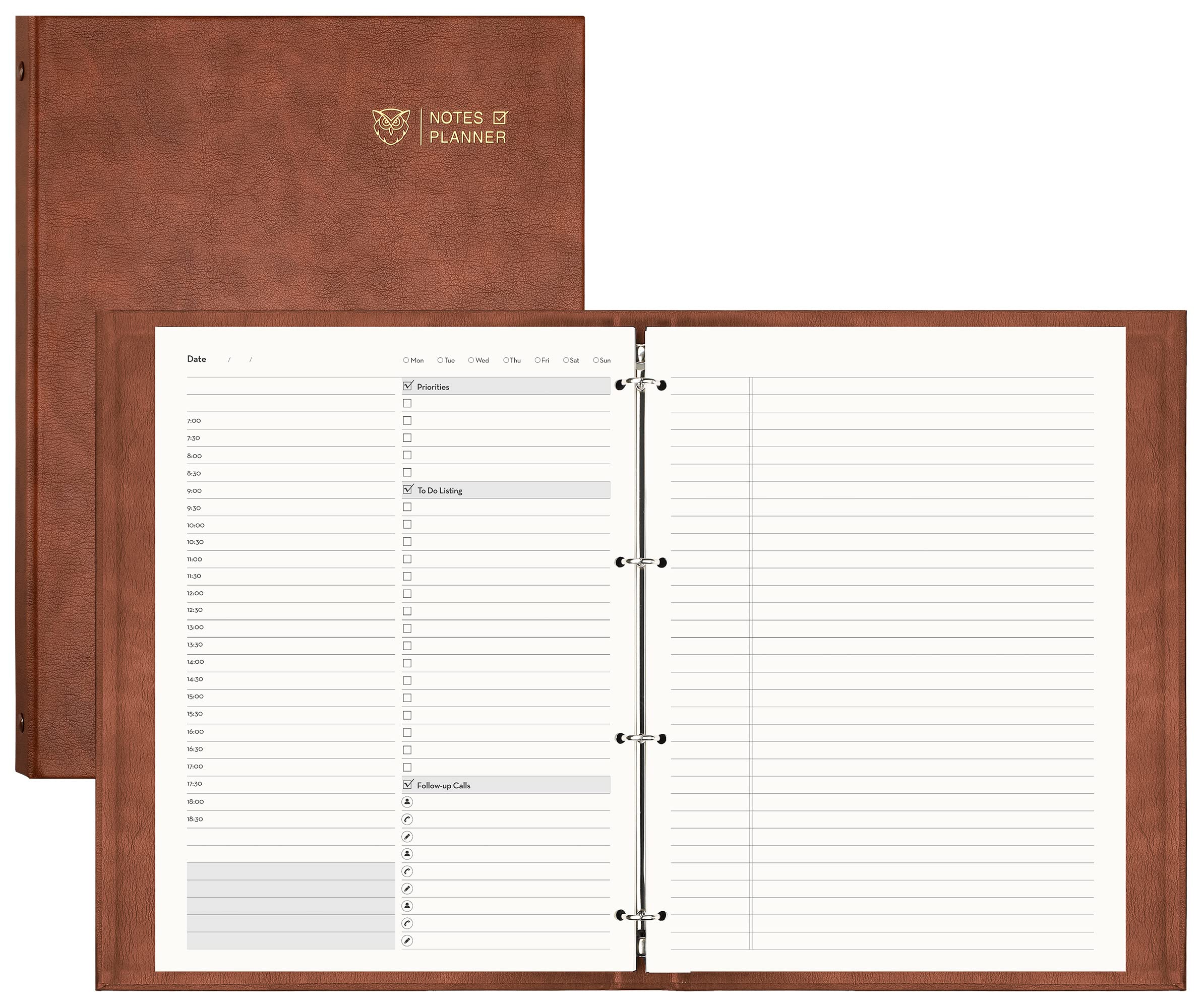 EMSHOI Undated Daily Planner A4 Meeting Notebook - 240 Pages To Do List Notepad, Ring Folder Hardcover Leather Journal for Work Business, Yearly Schedule, Habit Tracker, 21.6 x 28cm - Coffee — image 1