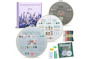 ETSPIL Embroidery Kit for Adult Beginners, 3-Pack 33-Stitch Practice Samplers, Pre-Stamped Patterns, 7.8-Inch Hoop, Threads & Needles, Step-by-Step Guide & Video, DIY Needlework Craft Gift for Women