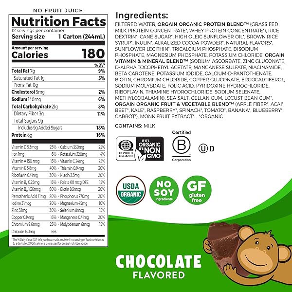 ORGAIN ORGANIC KIDS NUTRITIONAL PROTEIN SHAKE, CHOCOLATE, HEALTHY KIDS SNACKS, 8G DAIRY PROTEIN, 3G FIBER, 22 VITAMINS & MINERALS, NO SOY INGREDIENTS, GLUTEN FREE, NON-GMO, 8.25 FL OZ (PACK OF 12)