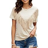 PESION Women's Fringe Trim Shirts Short Sleeve Tassel Trim Blouse T-Shirt Tops
