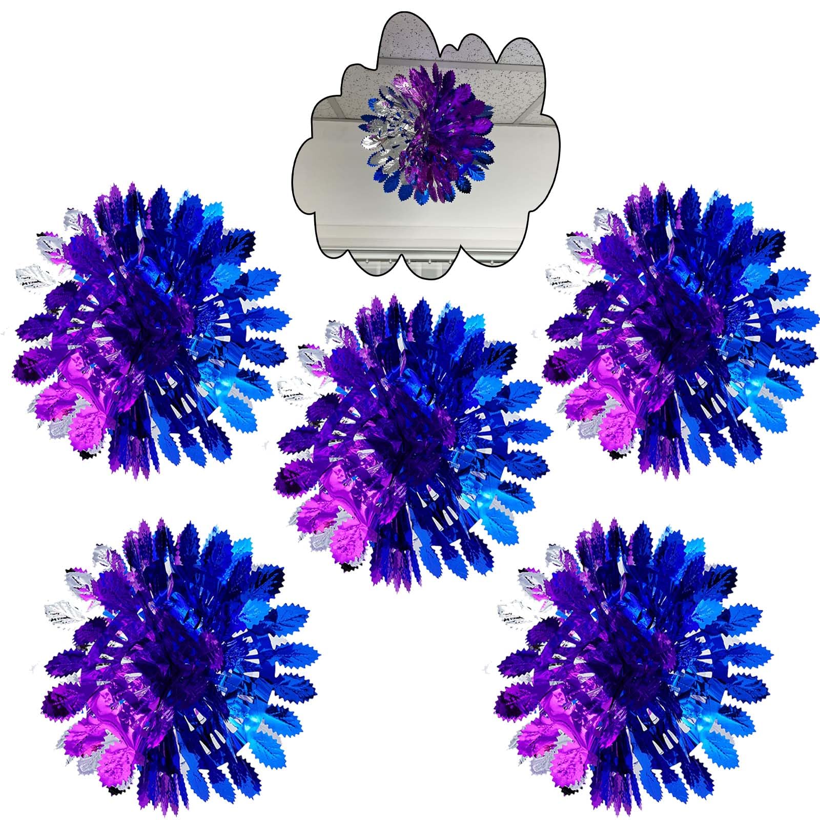 5x Christmas Foil Hanging Decorations, 60cm Each Foil Snowballs Wall Ceiling, Xmas Home Décor, Christmas Party Supplies (Purple,Silver,Blue)