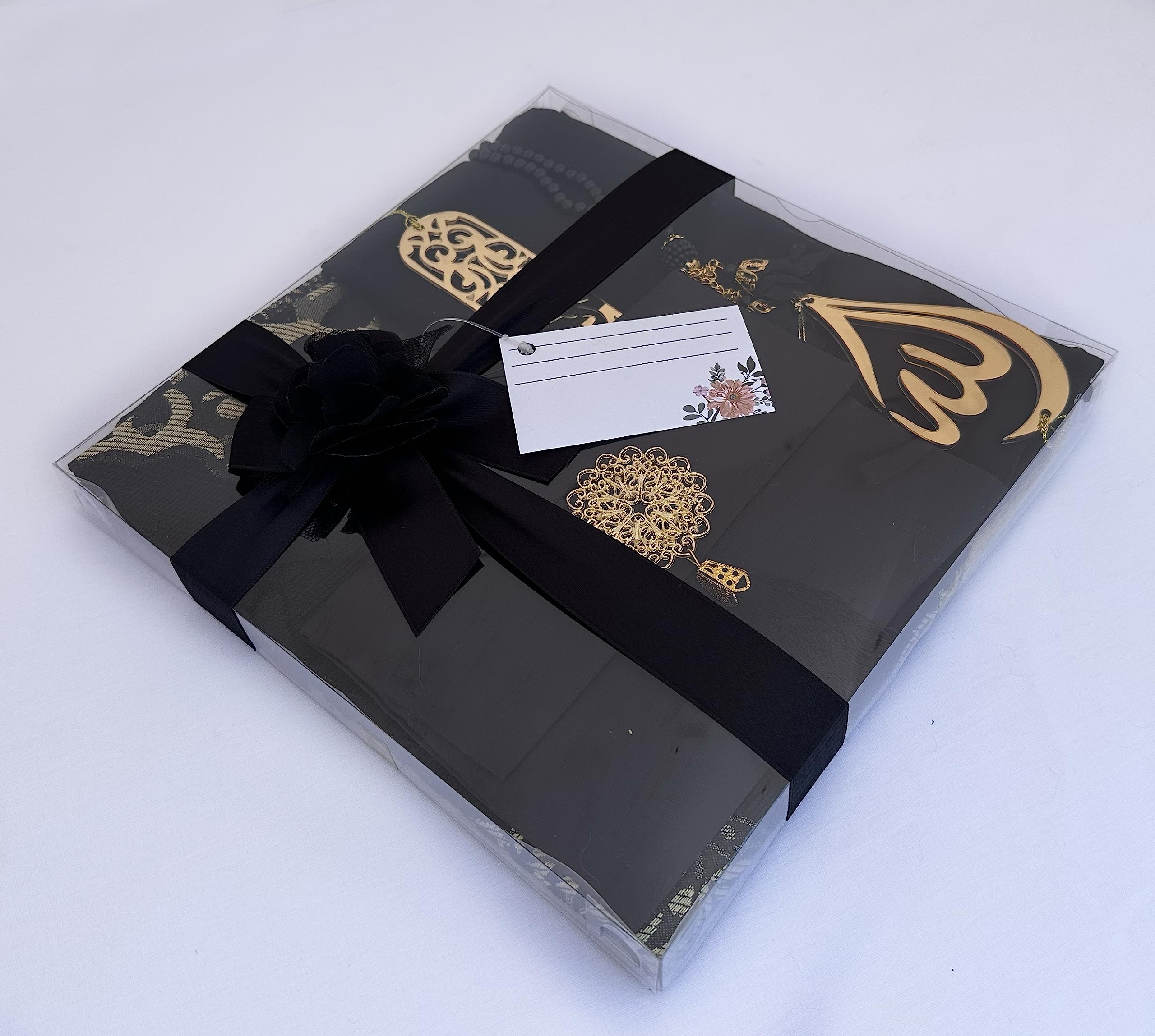 RAMSE Muslim Prayer Rug, 7 In One Gift Set, Prayer Mat Surah Book, Tasbeeh, Scarf, Surah Case, Bookmark, Car Mirror Hanger, Prayer Beads,Islamic Gift for Umrah, Hajj, Wedding, Janamaz (BLACK)