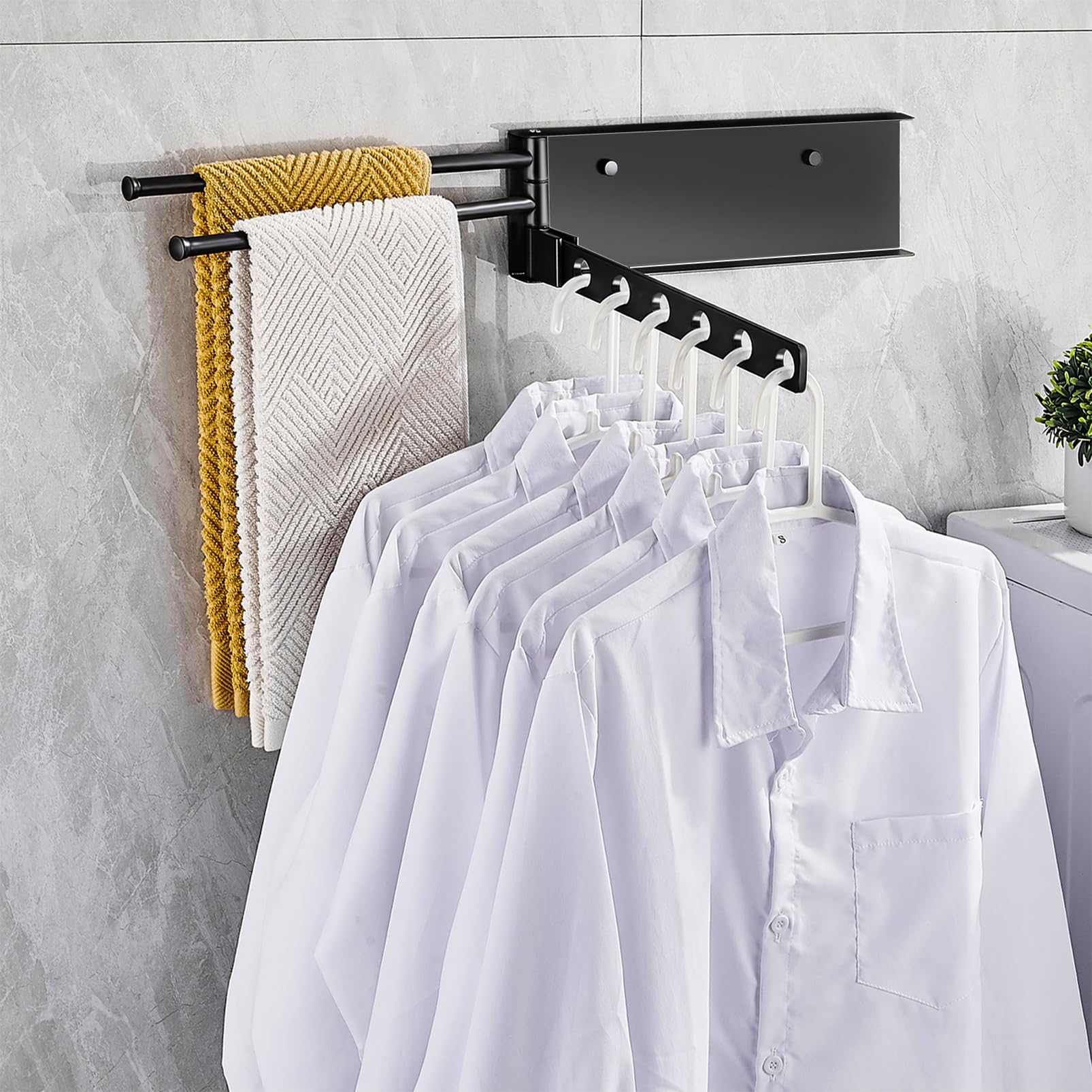 Wall Coat Hook, Foldable Clothes Hook, Stabilising Wall Clothes Rack, Foldable, Aluminium Clothes Fan Wall Hook, Foldable, 180° Rotating Clothes Hooks for Balcony, Laundry Room, Bathroom (Black)