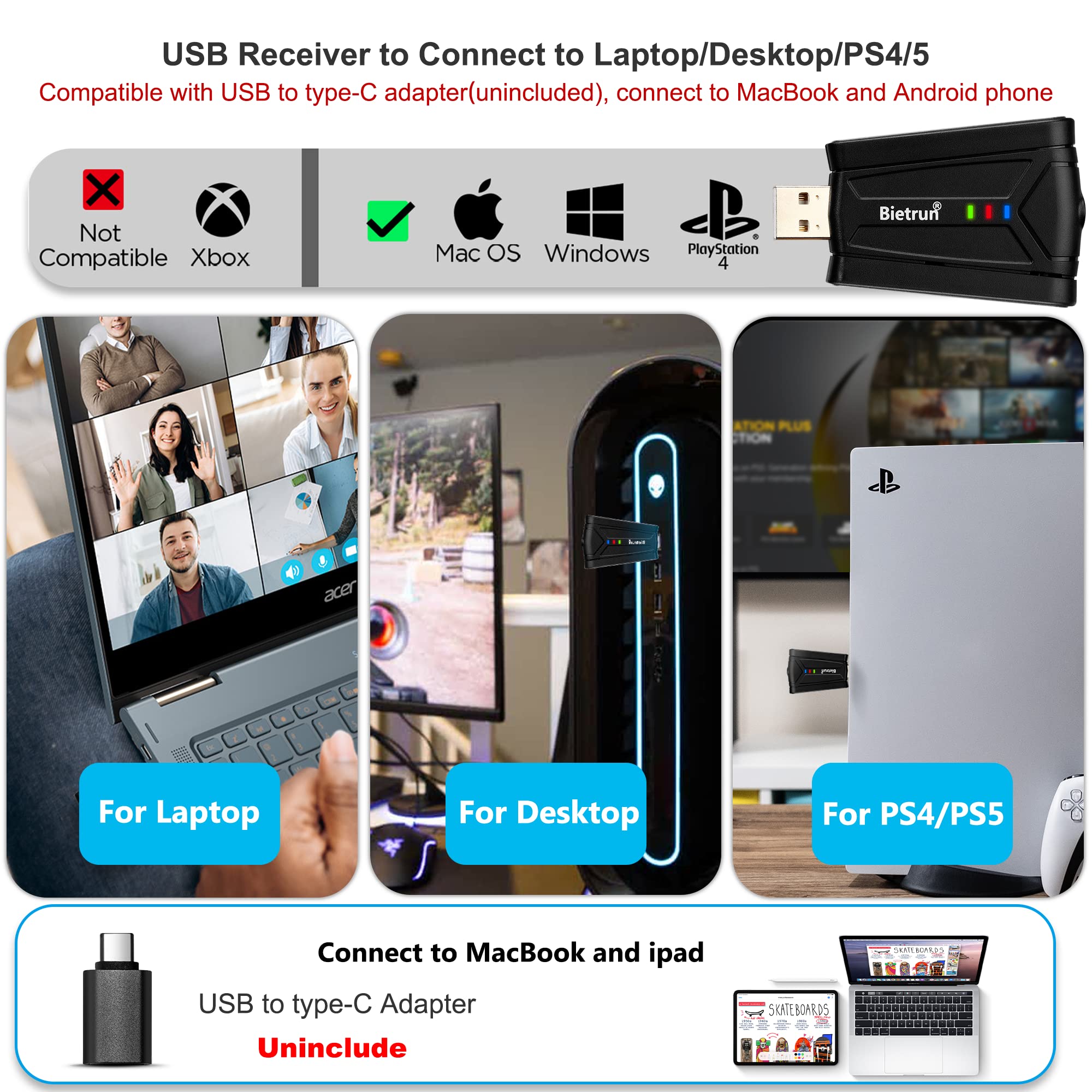 Bietrun Wireless USB Microphone for Computer, UHF Wireless Headset Mic and Lapel Lavalier Microphone System with USB Receiver for PC/Desktop/Laptop, Plug&Play, for Zoom, Meeting, Podcast, Recording