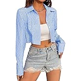 Avanova Women Striped Button Down Crop Top Collared Neck Long Sleeve Blouses Shirt