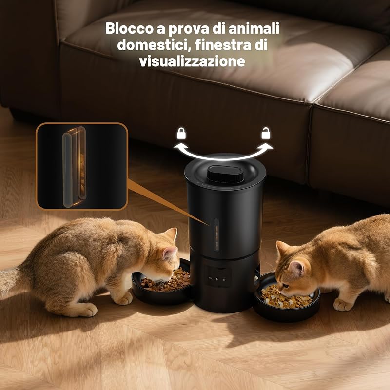 Distributore Automatico Cibo Gatti 2 Ciotole: 5L Distributore Automatico Cibo Cane con Timer WiFi 2.4G per Crocchette - Design Doppia Ciotola per Famiglie con Più Gatti & Cani - Nero