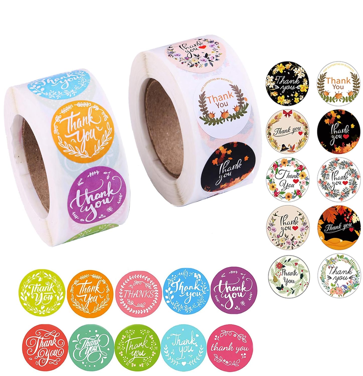 2 Rolls of self-Adhesive Thank You Labels with 20 Designs, self-Adhesive Labels, Thank You Seal Stickers, Commercial Packaging and envelopes, 500 Stickers per roll, 1 inch