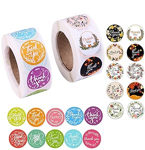 2 Rolls of self-Adhesive Thank You Labels with 20 Designs, self-Adhesive Labels, Thank You Seal Stickers, Commercial Packaging and envelopes, 500 Stickers per roll, 1 inch