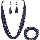 Bocar Long Multiple Row Handmade Beaded Statement Necklace with Gift Box (NK-10407-navy blue-set)