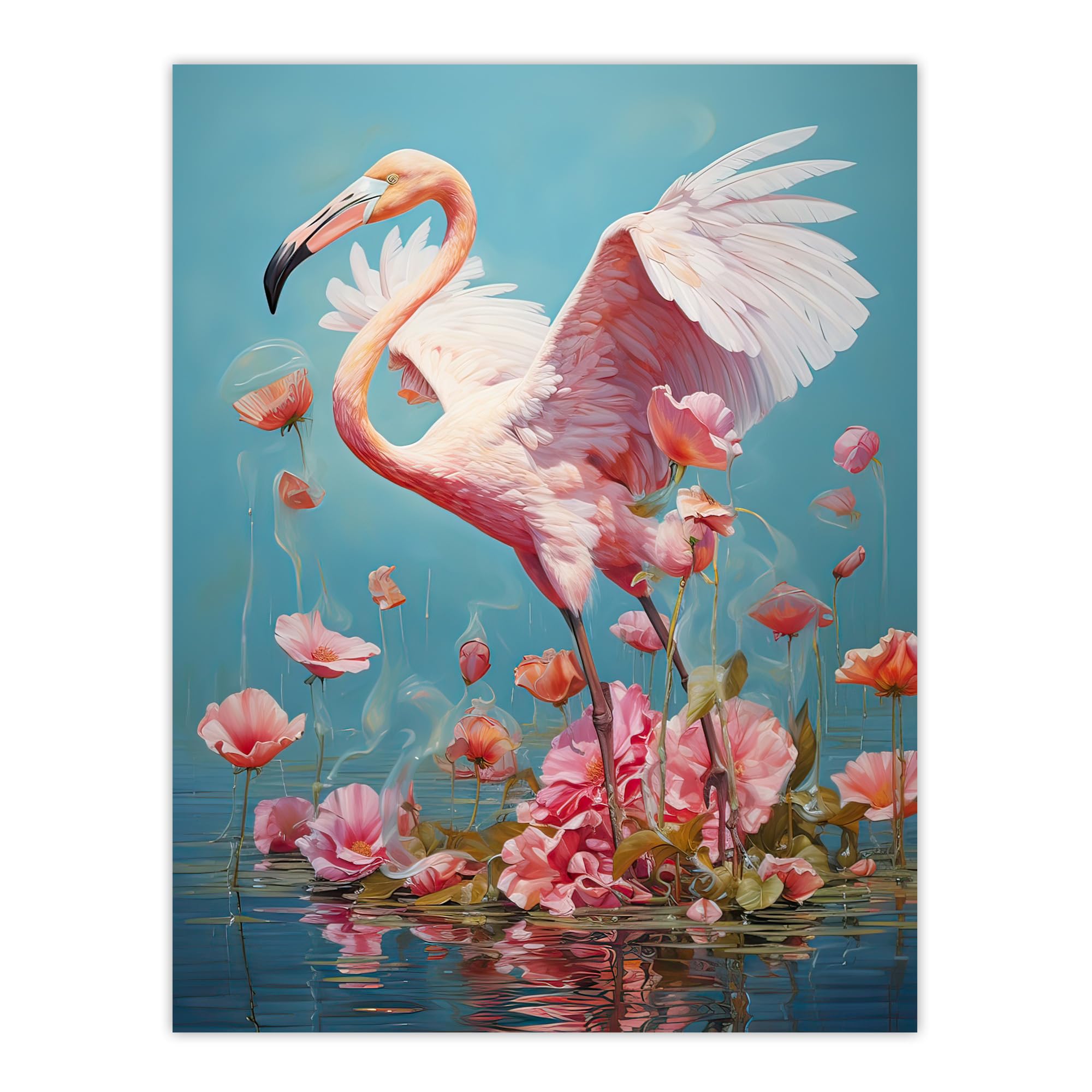 Artery8 Jubilant Flamingo Lake Dance over Pink Flowers Extra Large XL Wall Art Poster Print