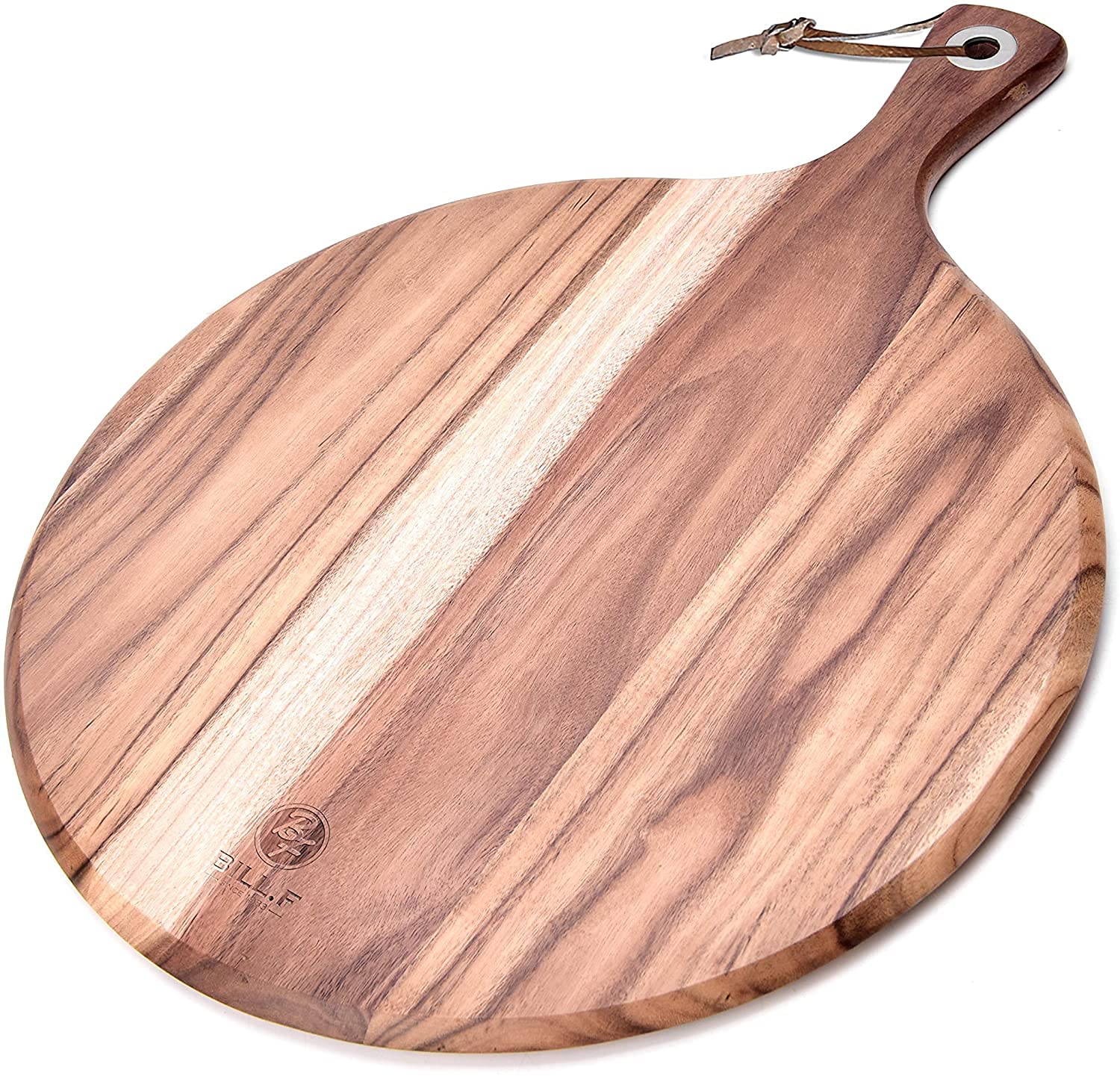 BF BILL.F SINCE 1983 Acacia Wood Pizza Peel/Cutting Board/Serving Tray,Pizza Paddle Spatula Round Transfer Tray Baking Shovel Cake Lifter for Moving Pizza, Cookies Pie, Cakes, Bread, 48X36.5X1.2cm