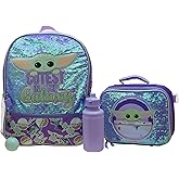 Disney’s Mandalorian Baby Yoda Girls 4 Piece Backpack set, Flip Sequin School Bag with Front Zip Pocket, Mesh Side Pockets, Insulated Lunch Box, Water Bottle, and Squish Ball Dangle, Purple